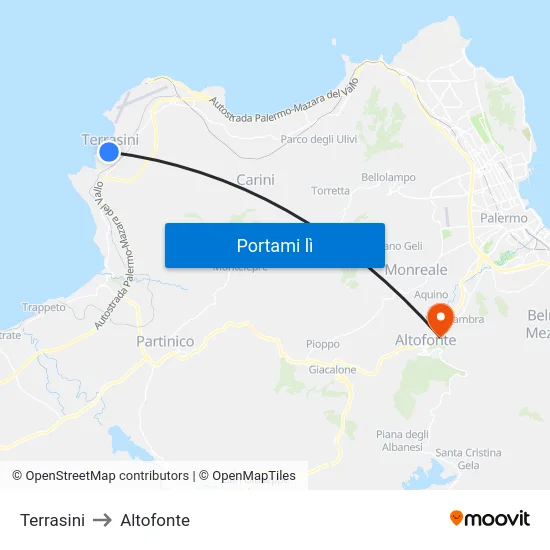 Terrasini to Altofonte map