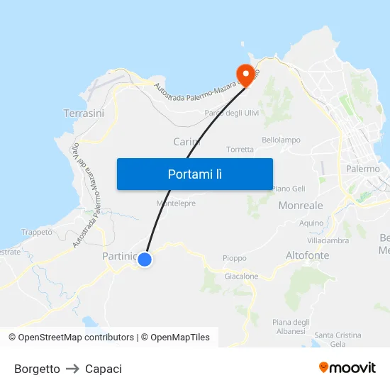 Borgetto to Capaci map