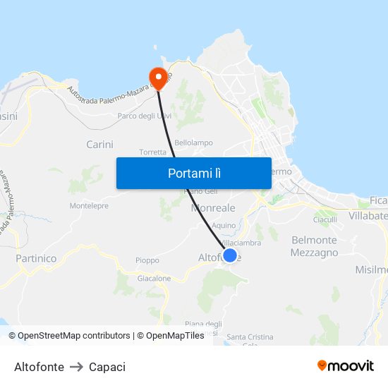 Altofonte to Capaci map