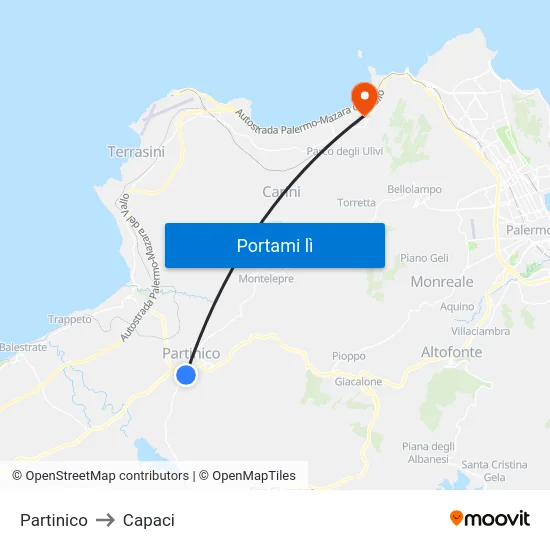 Partinico to Capaci map