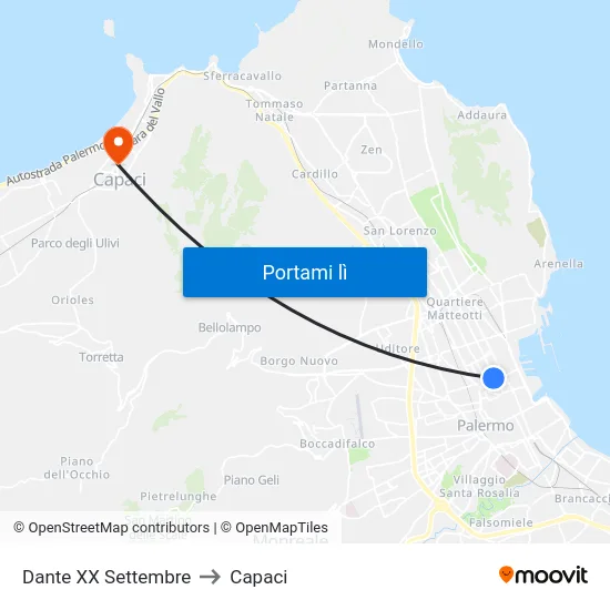 Dante XX Settembre to Capaci map
