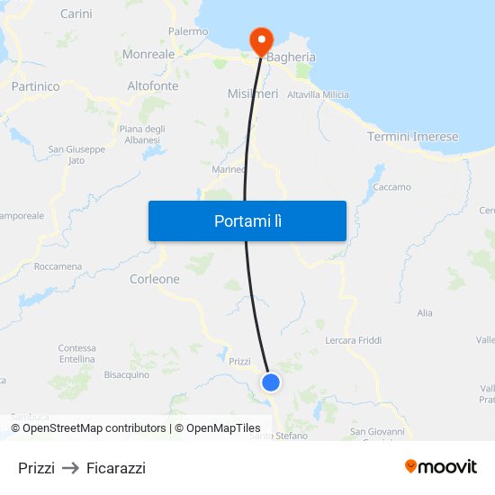 Prizzi to Ficarazzi map