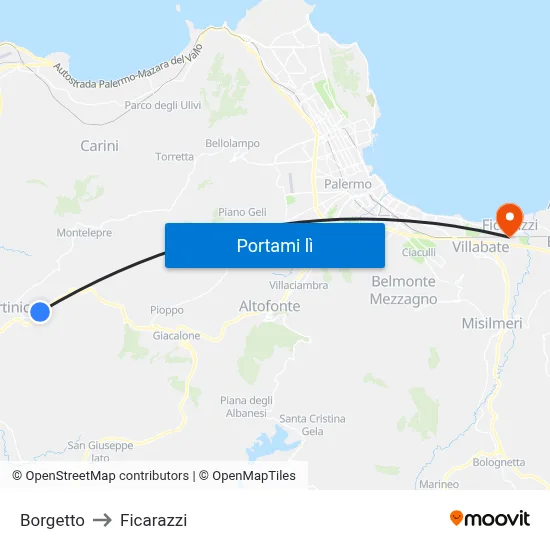 Borgetto to Ficarazzi map