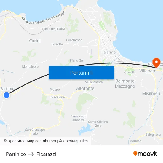 Partinico to Ficarazzi map