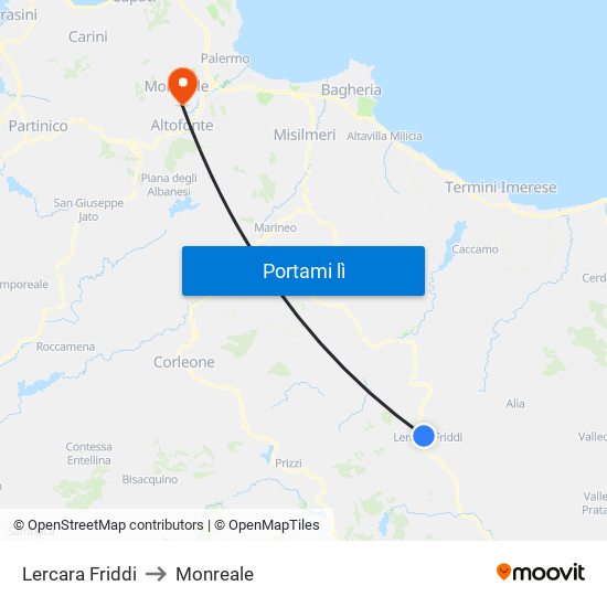 Lercara Friddi to Monreale map
