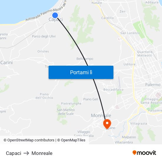 Capaci to Monreale map