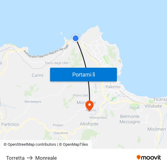 Torretta to Monreale map