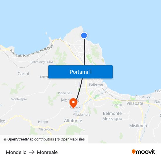 Mondello to Monreale map