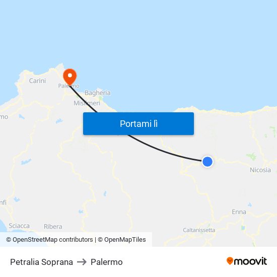 Petralia Soprana to Palermo map