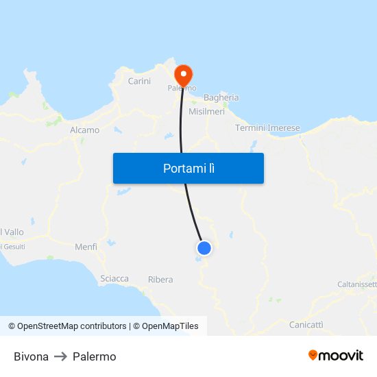 Bivona to Palermo map