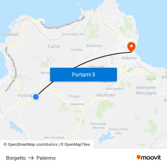 Borgetto to Palermo map