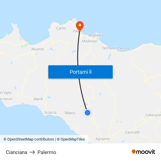 Cianciana to Palermo map