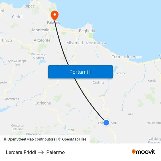 Lercara Friddi to Palermo map