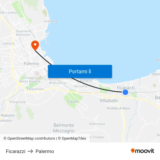 Ficarazzi to Palermo map