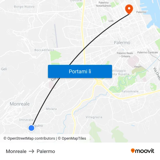 Monreale to Palermo map