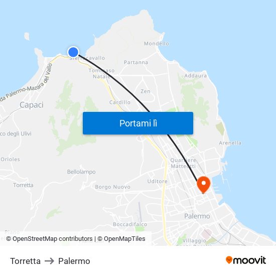 Torretta to Palermo map