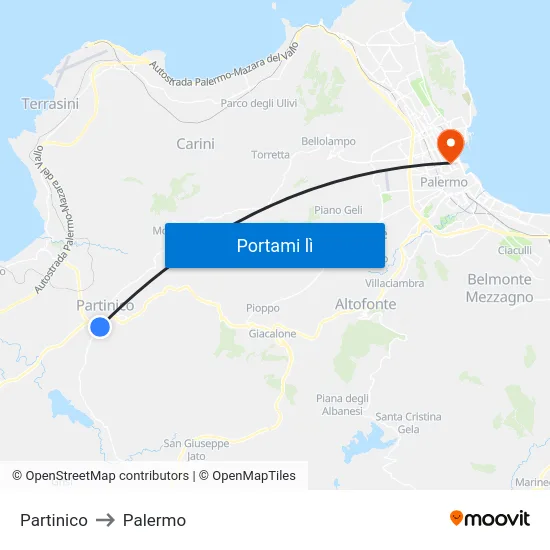 Partinico to Palermo map