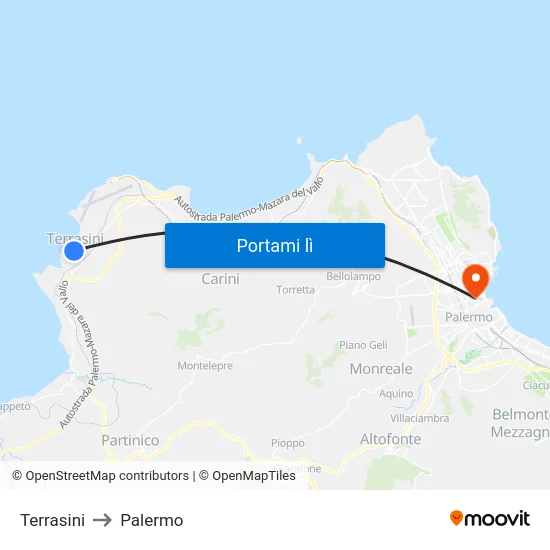 Terrasini to Palermo map