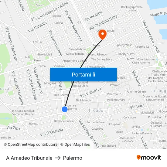 A Amedeo Tribunale to Palermo map
