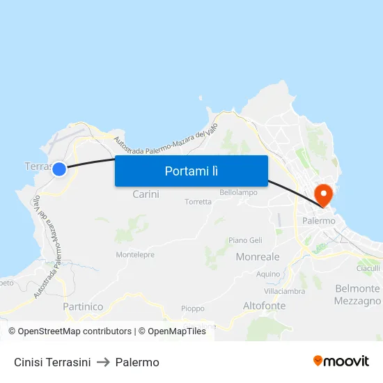 Cinisi Terrasini to Palermo map
