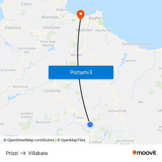 Prizzi to Villabate map