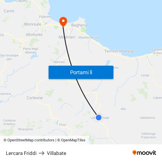 Lercara Friddi to Villabate map