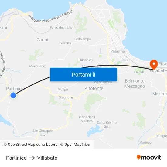 Partinico to Villabate map
