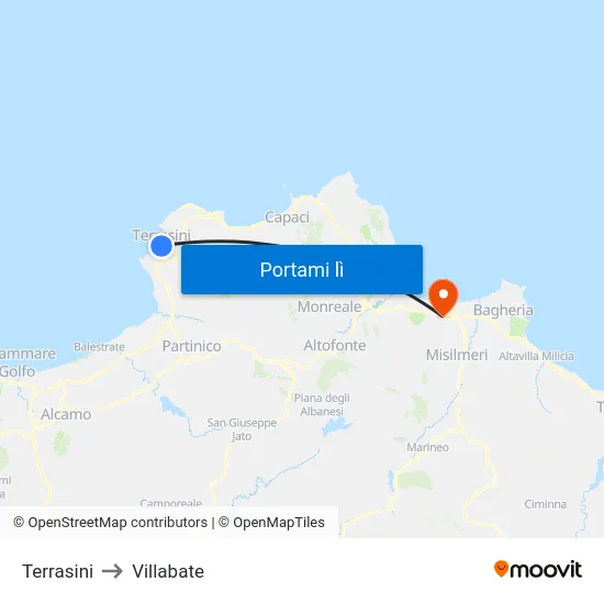 Terrasini to Villabate map