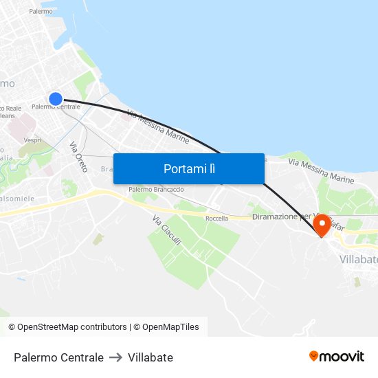 Palermo Centrale to Villabate map