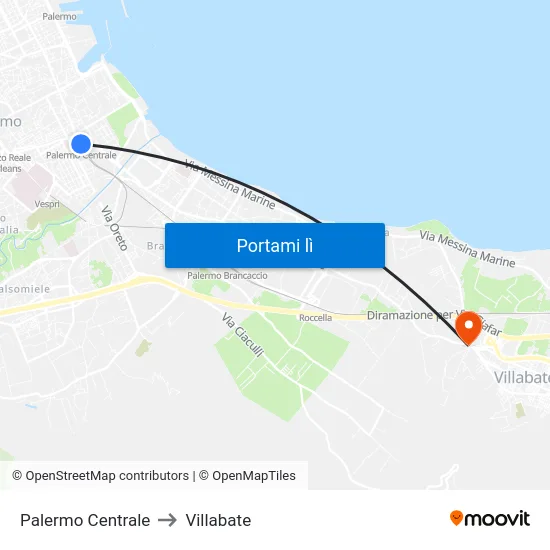 Palermo Centrale to Villabate map