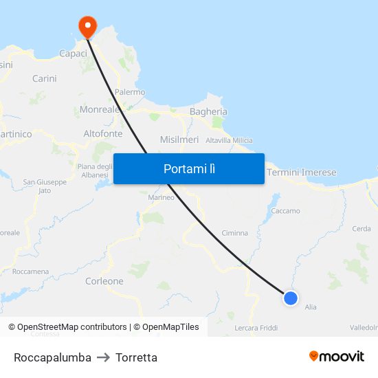 Roccapalumba to Torretta map