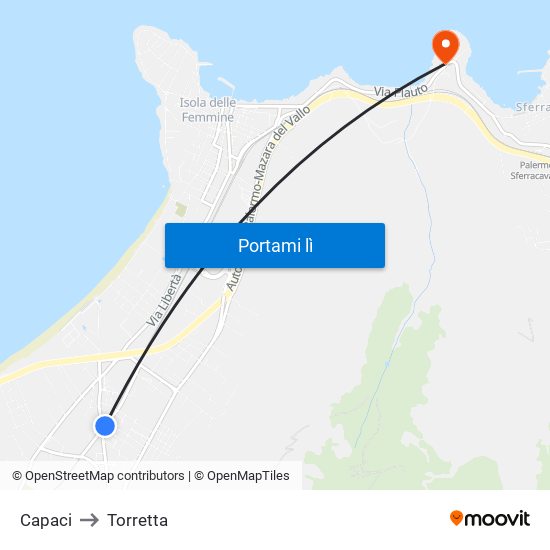 Capaci to Torretta map