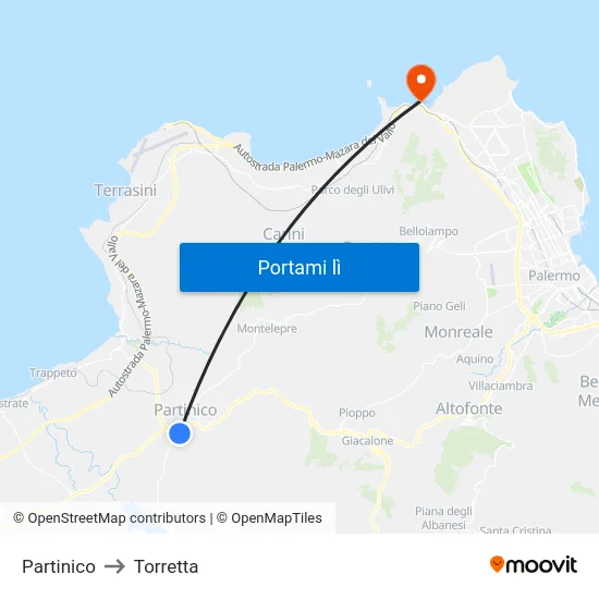 Partinico to Torretta map
