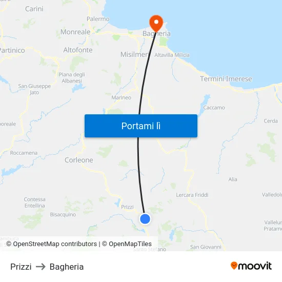 Prizzi to Bagheria map