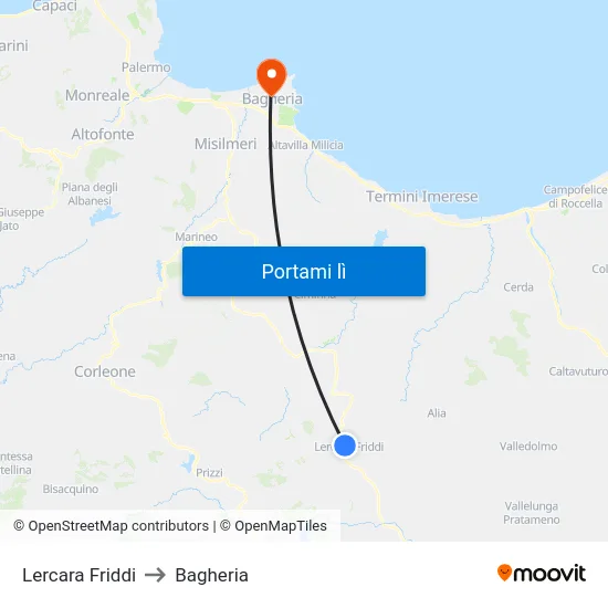 Lercara Friddi to Bagheria map