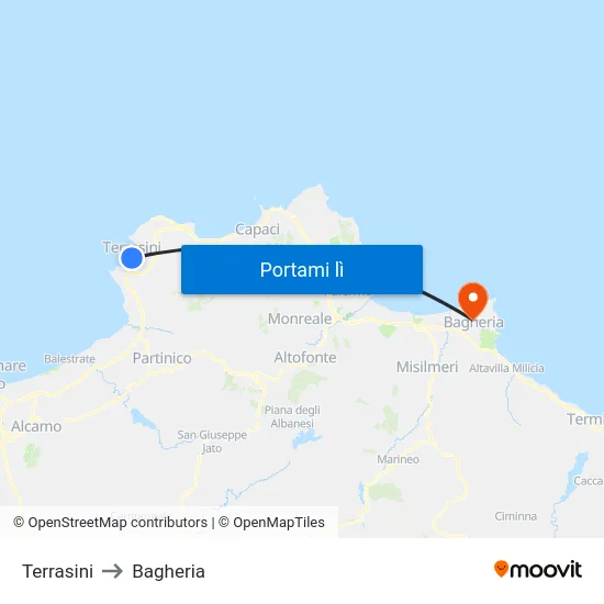Terrasini to Bagheria map