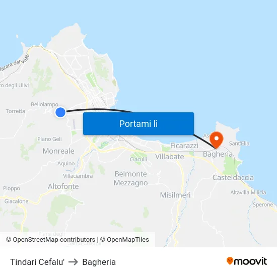 Tindari Cefalu' to Bagheria map