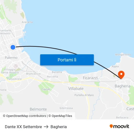 Dante XX Settembre to Bagheria map