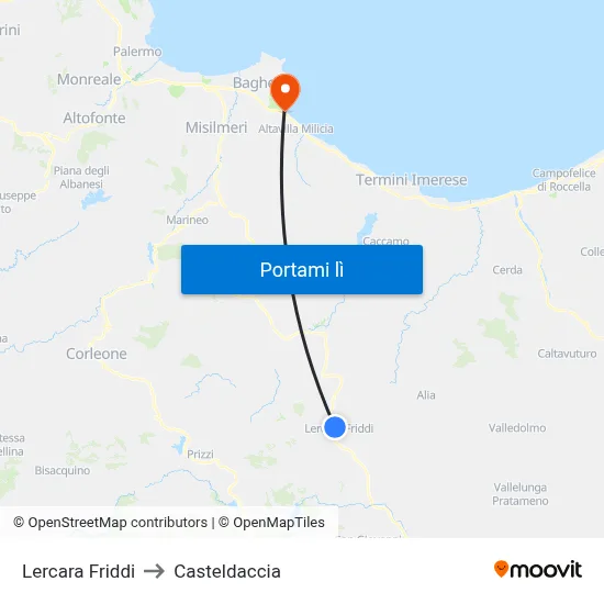 Lercara Friddi to Casteldaccia map
