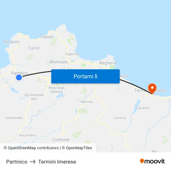Partinico to Termini Imerese map