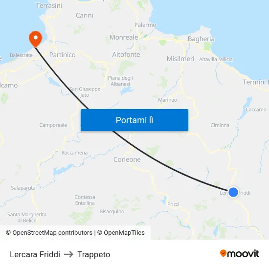Lercara Friddi to Trappeto map