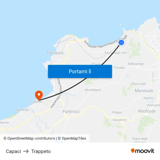 Capaci to Trappeto map