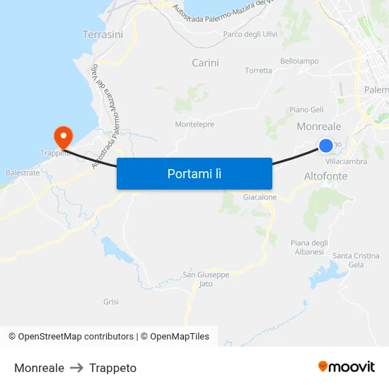 Monreale to Trappeto map