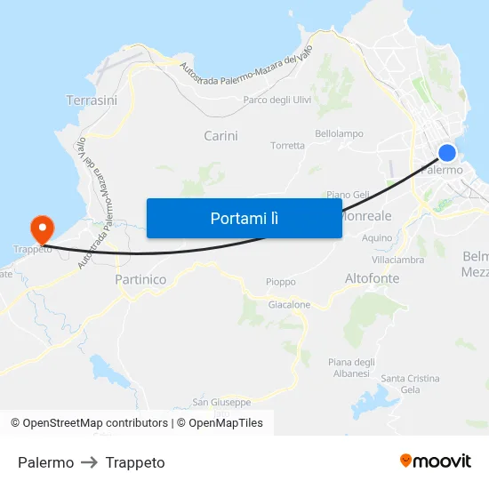 Palermo to Trappeto map