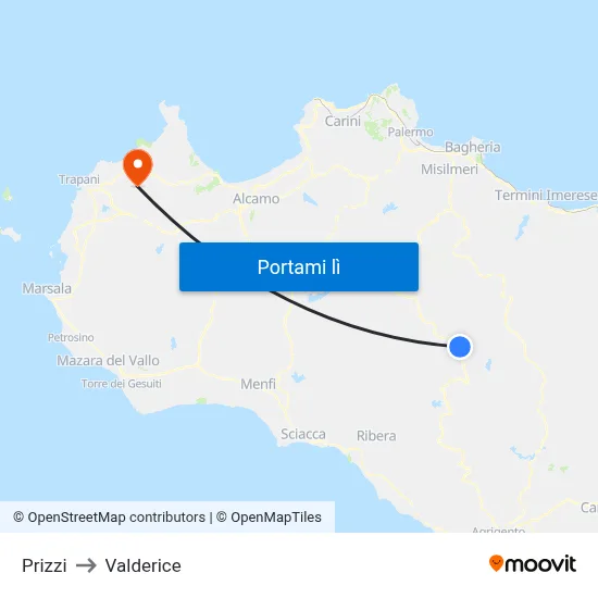 Prizzi to Valderice map