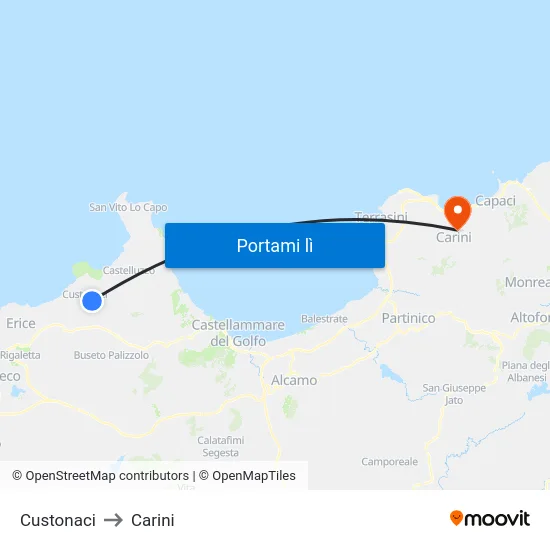 Custonaci to Carini map