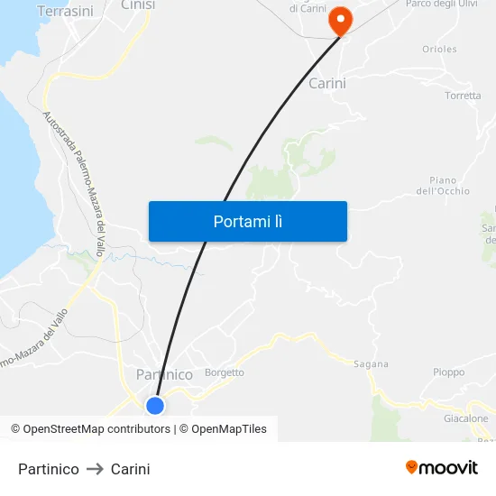 Partinico to Carini map