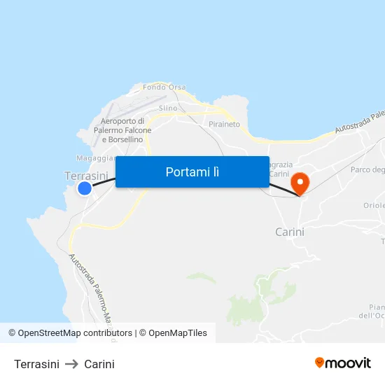 Terrasini to Carini map