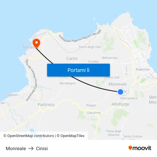 Monreale to Cinisi map