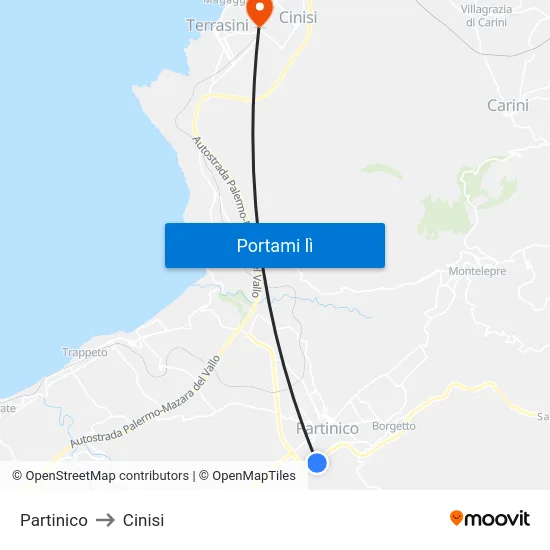 Partinico to Cinisi map